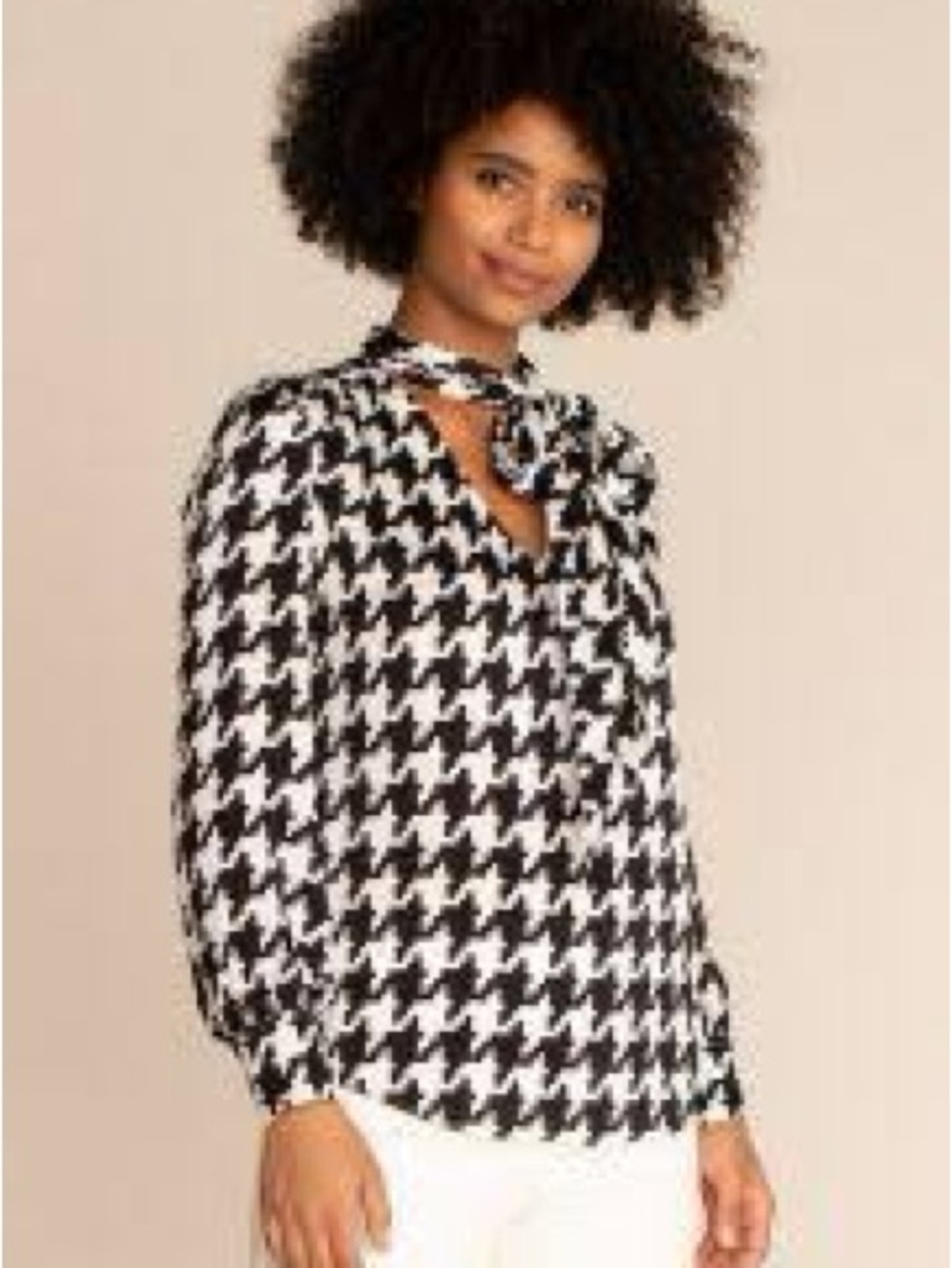 Trina Turk Demming Black & White Houndstooth Tie-Neck Blouse